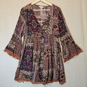 Umgee Moroccan Design Print Ball Fringe Bell Sleeve Fall Colors Dress Small